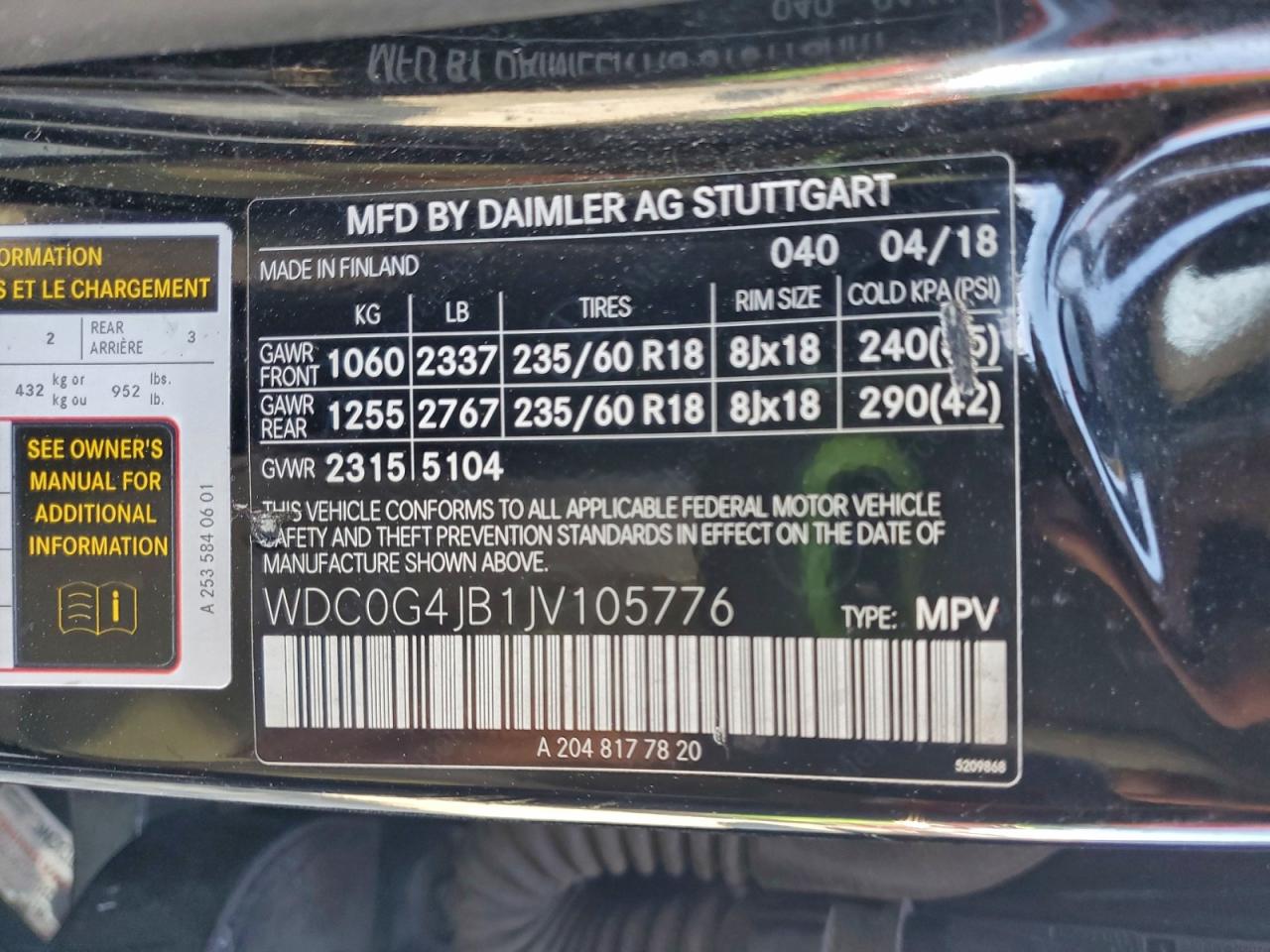 2018 Mercedes-Benz Glc 300 VIN: WDC0G4JB1JV105776 Lot: 93509185