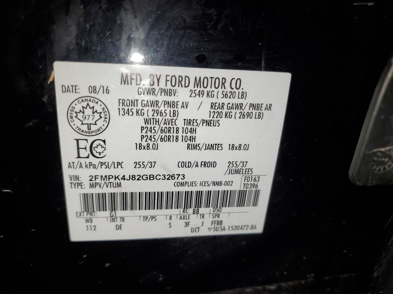 2016 Ford Edge Sel VIN: 2FMPK4J82GBC32673 Lot: 91383985