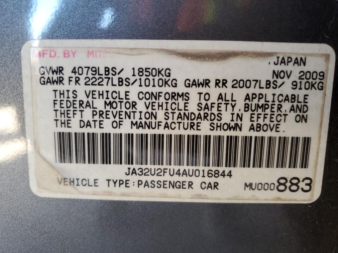 2010 Mitsubishi Lancer Es/Es Sport VIN: JA32U2FU4AU016844 Lot: 92510225