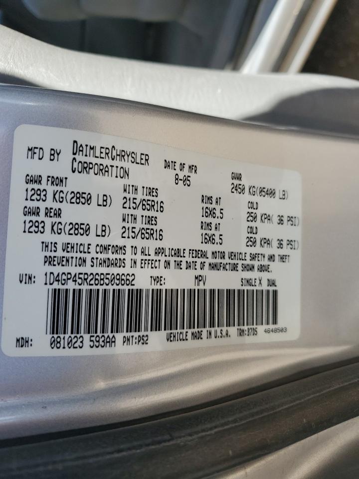 2006 Dodge Caravan Sxt VIN: 1D4GP45R26B509662 Lot: 91723015