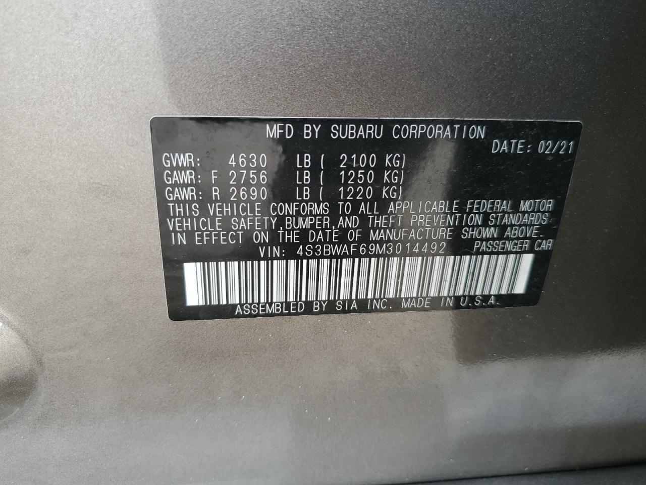 2021 Subaru Legacy Premium VIN: 4S3BWAF69M3014492 Lot: 91972155