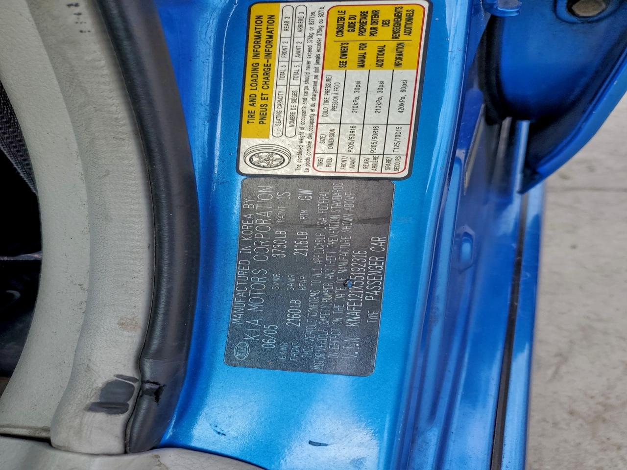 2005 Kia Spectra Lx VIN: KNAFE121X55192316 Lot: 94276945