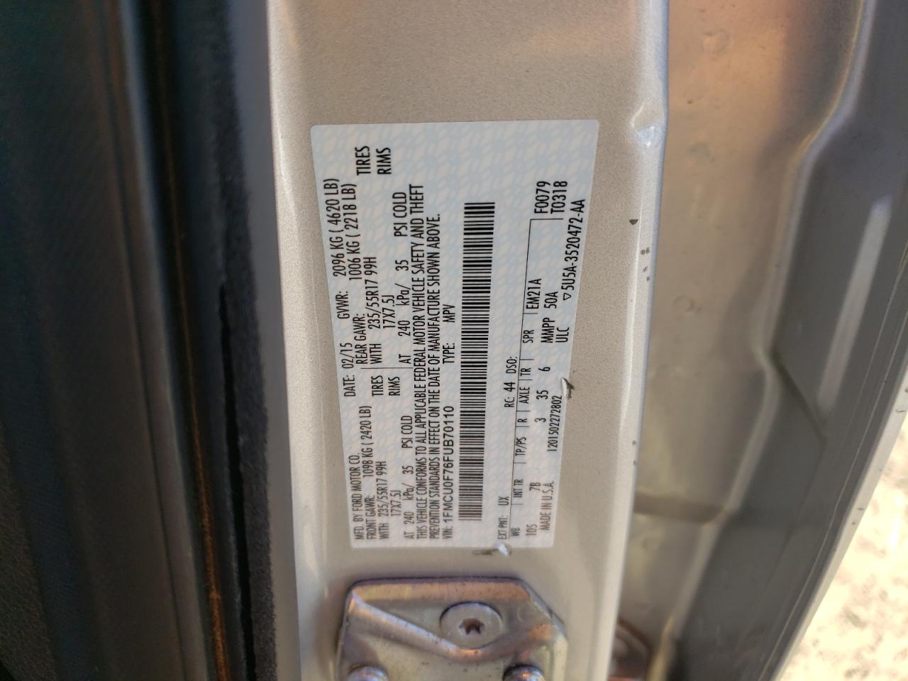 2015 Ford Escape S VIN: 1FMCU0F76FUB70110 Lot: 93309855