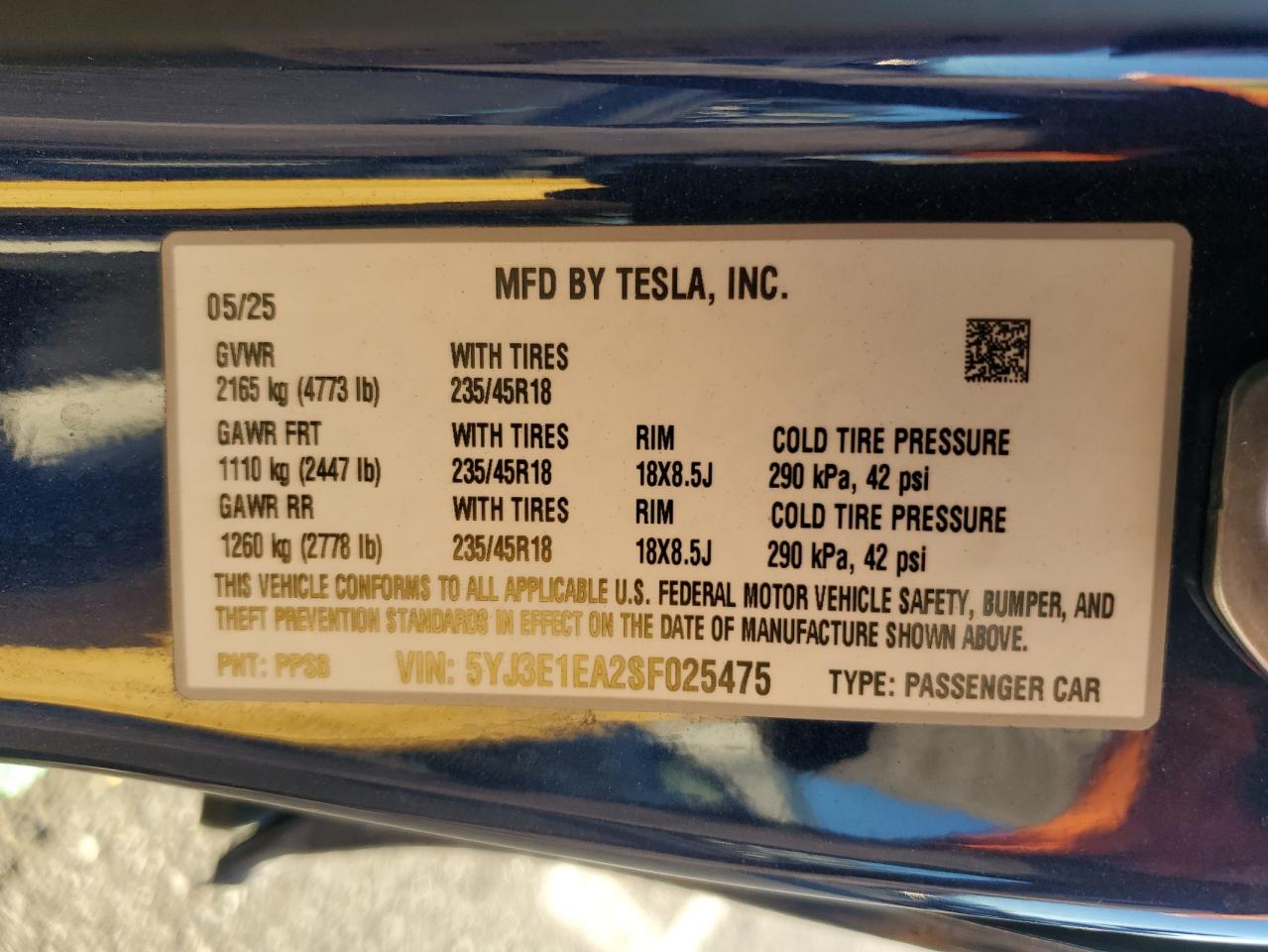 2025 Tesla Model 3 VIN: 5YJ3E1EA2SF025475 Lot: 91488455