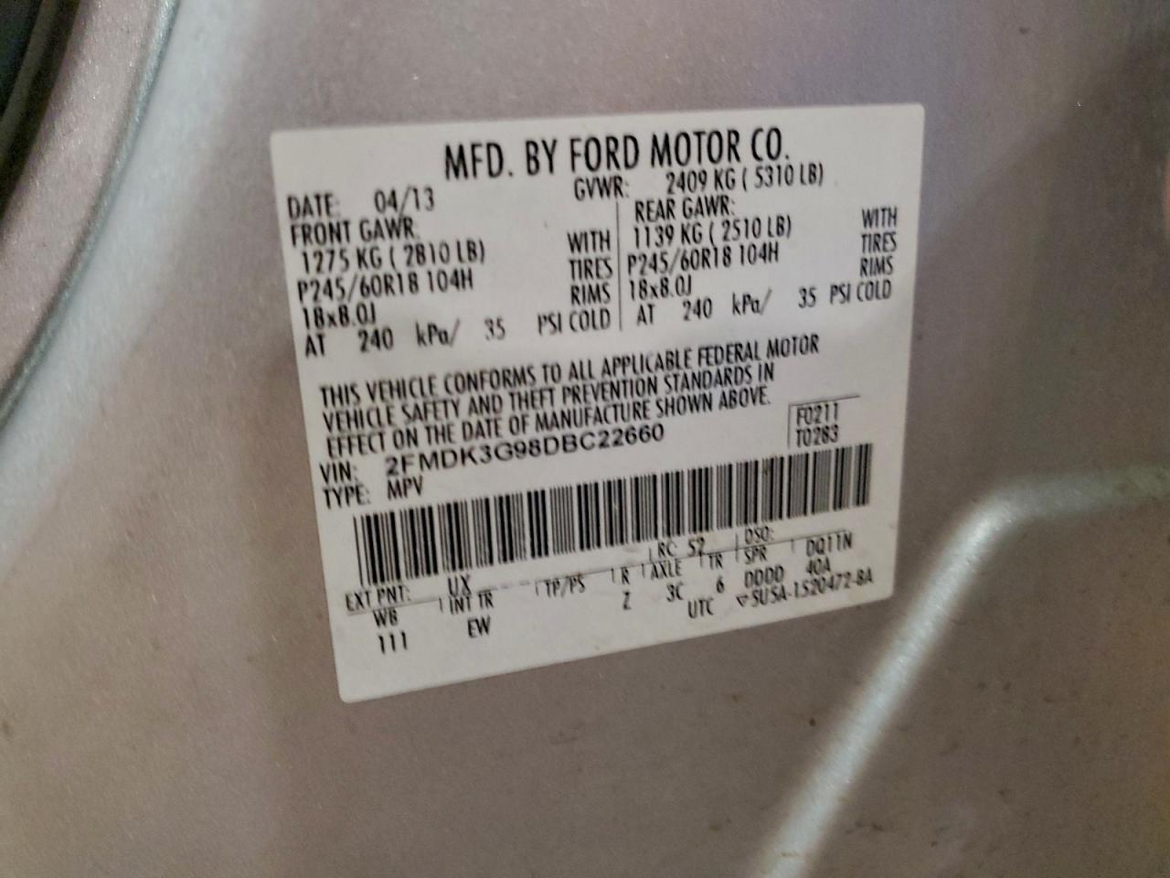 2013 Ford Edge Se VIN: 2FMDK3G98DBC22660 Lot: 93648015