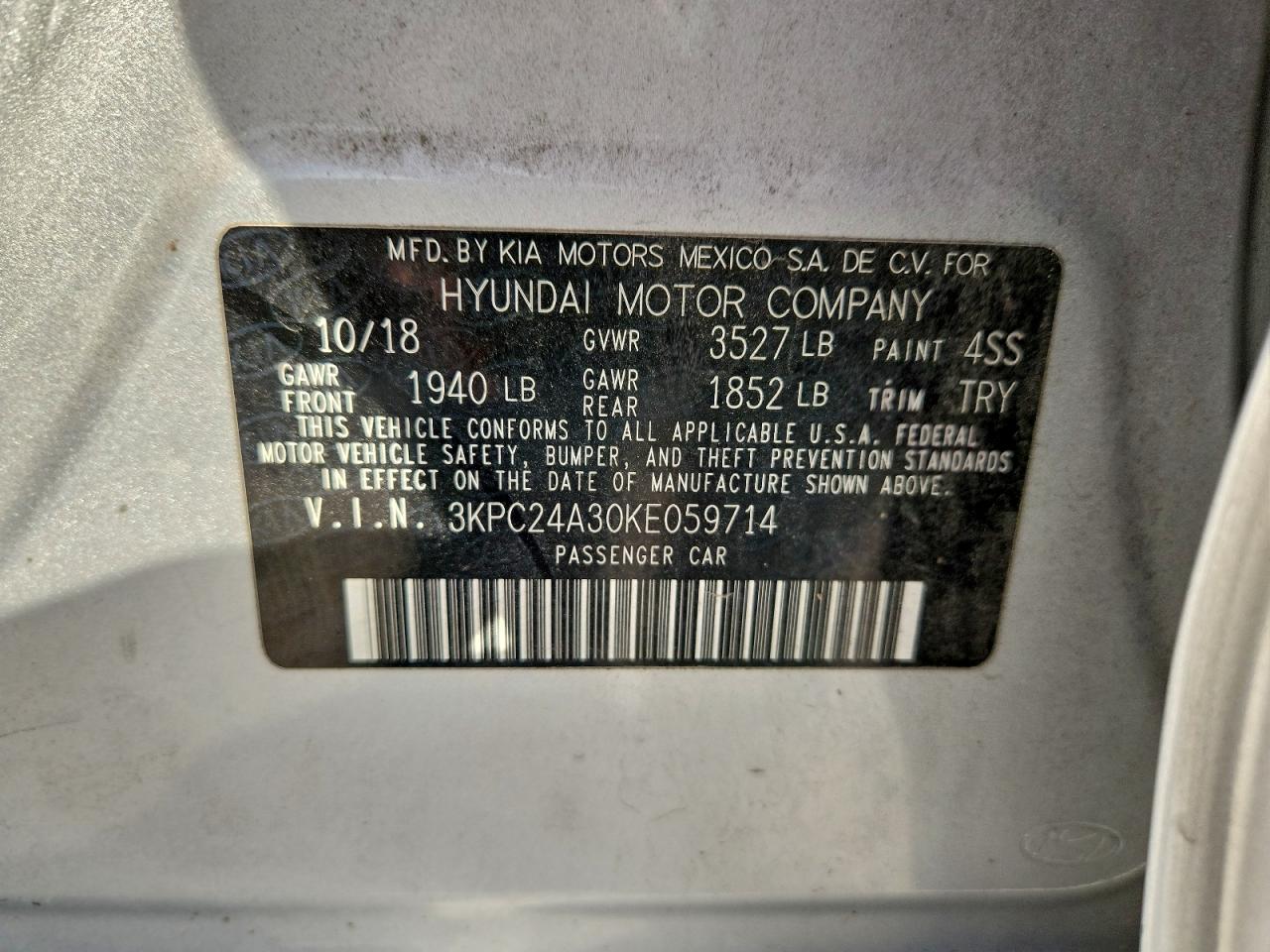 2019 Hyundai Accent Se VIN: 3KPC24A30KE059714 Lot: 93953105