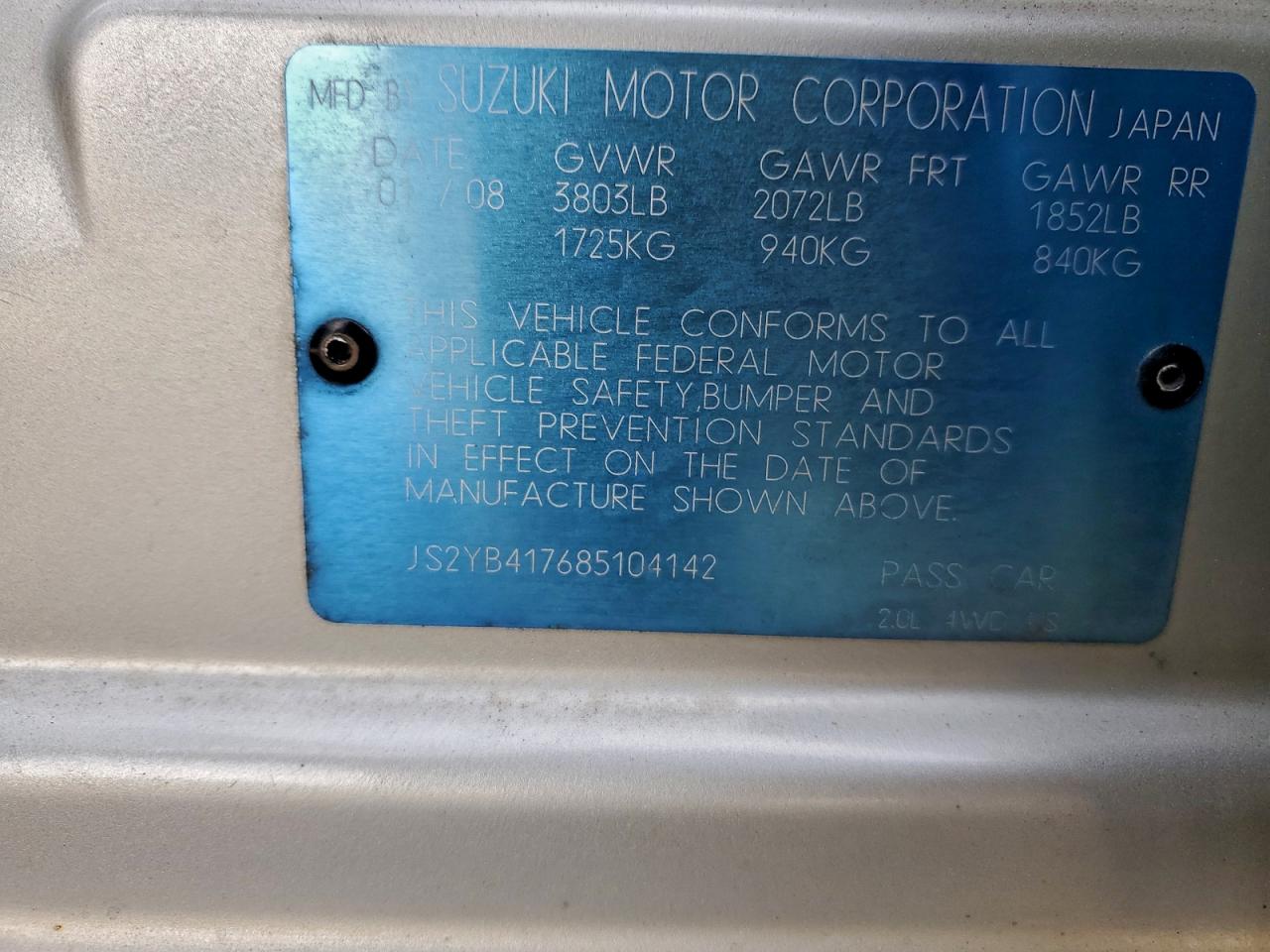 2008 Suzuki Sx4 Touring VIN: JS2YB417685104142 Lot: 94302555