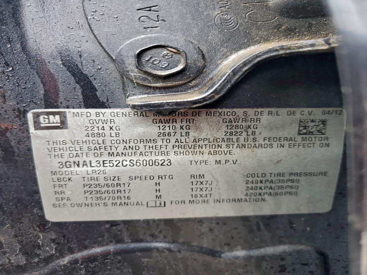 2013 Chevrolet Captiva Sport VIN: 3GNAL3E52CS600623 Lot: 93235445