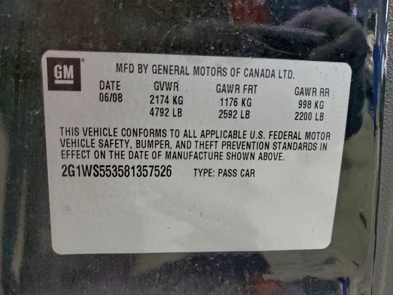 2008 Chevrolet Impala Police VIN: 2G1WS553581357526 Lot: 93933775