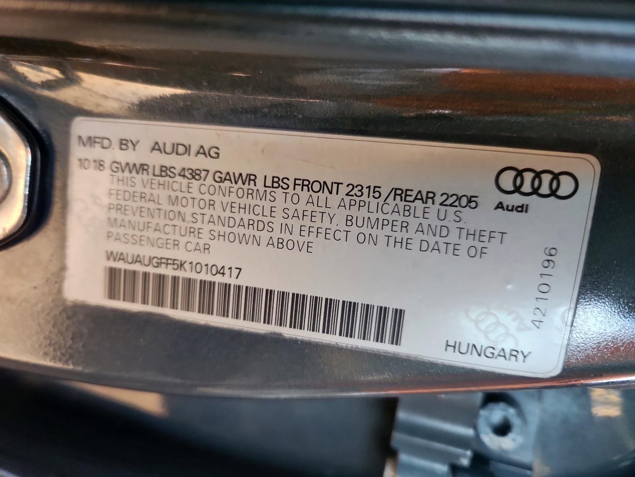 2019 Audi A3 Premium VIN: WAUAUGFF5K1010417 Lot: 91396615