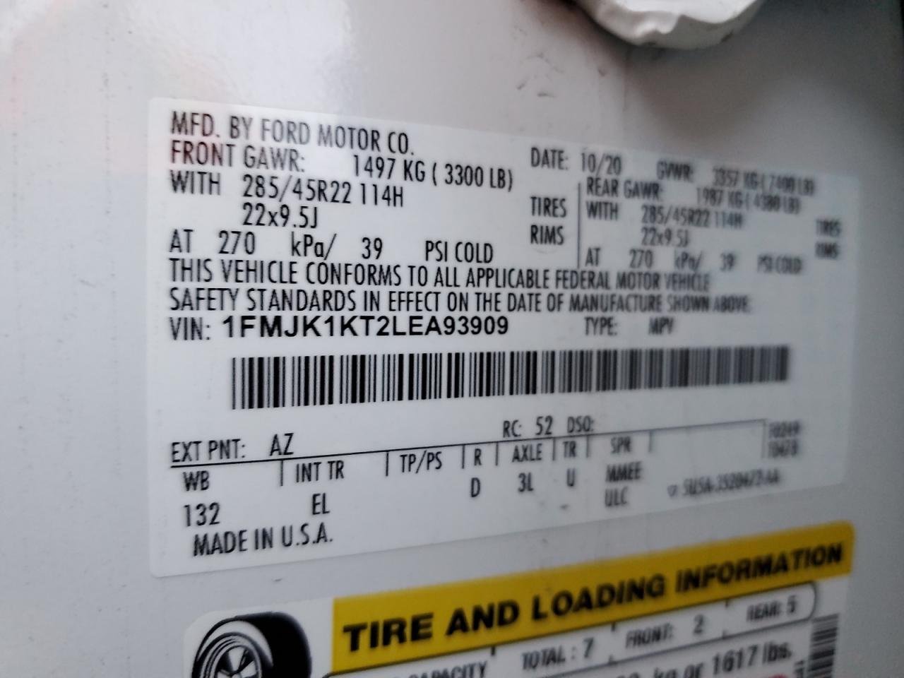 2020 Ford Expedition Max Limited VIN: 1FMJK1KT2LEA93909 Lot: 93824835