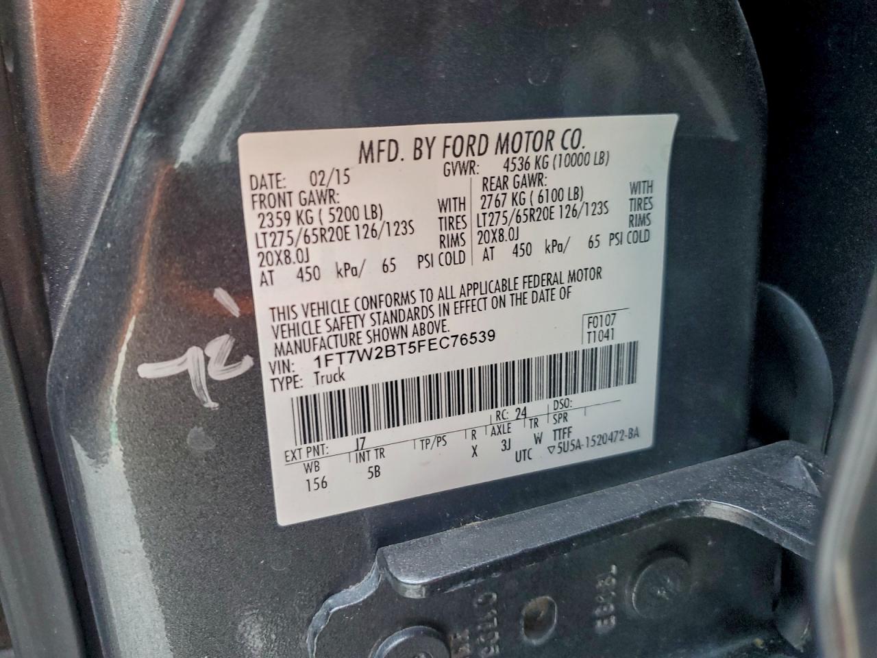 2015 Ford F250 Super Duty VIN: 1FT7W2BT5FEC76539 Lot: 93970305