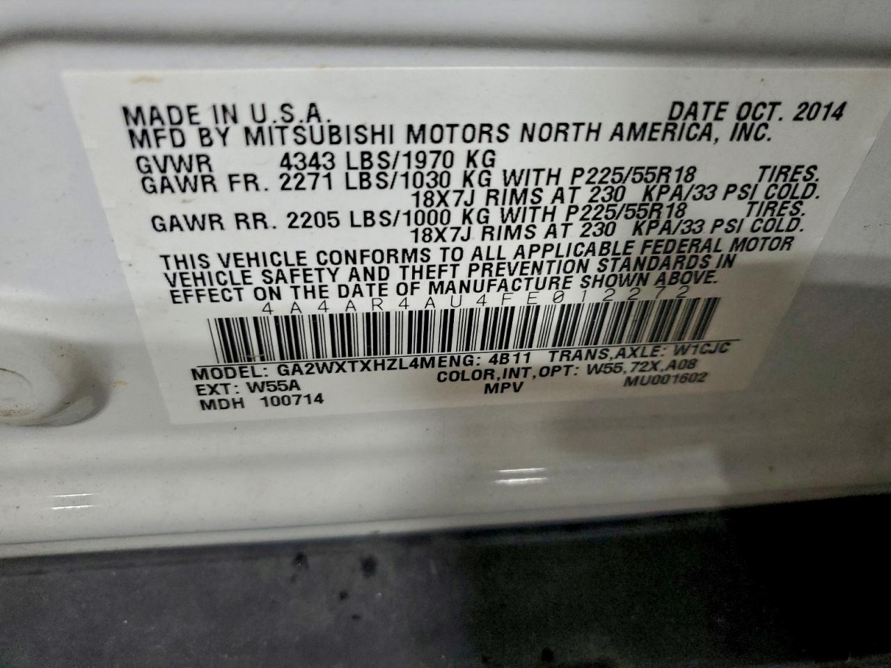 2015 Mitsubishi Outlander Sport Se VIN: 4A4AR4AU4FE012272 Lot: 94215655