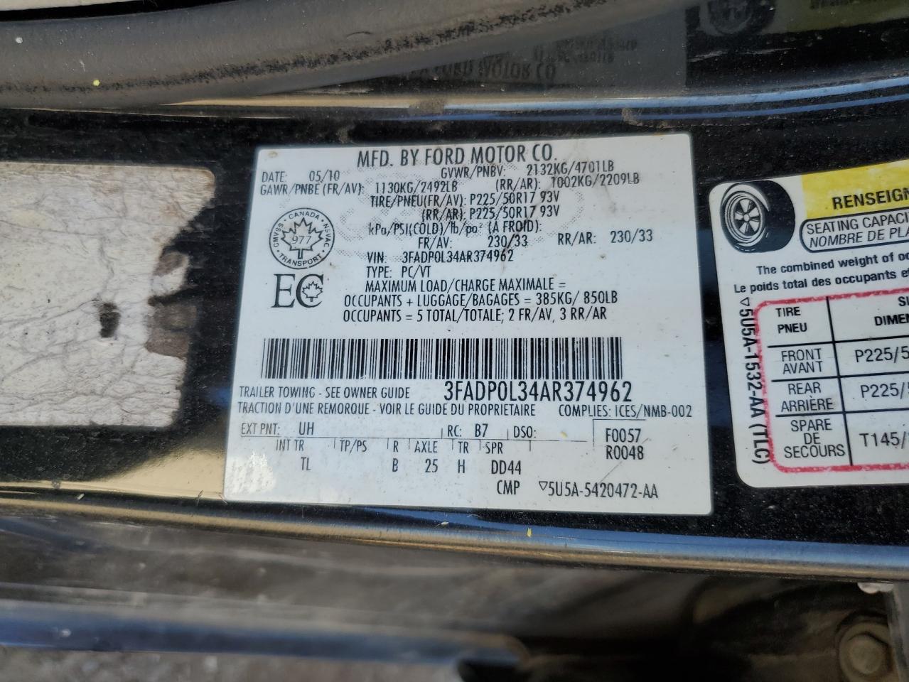 2010 Ford Fusion Hybrid VIN: 3FADP0L34AR374962 Lot: 91188935