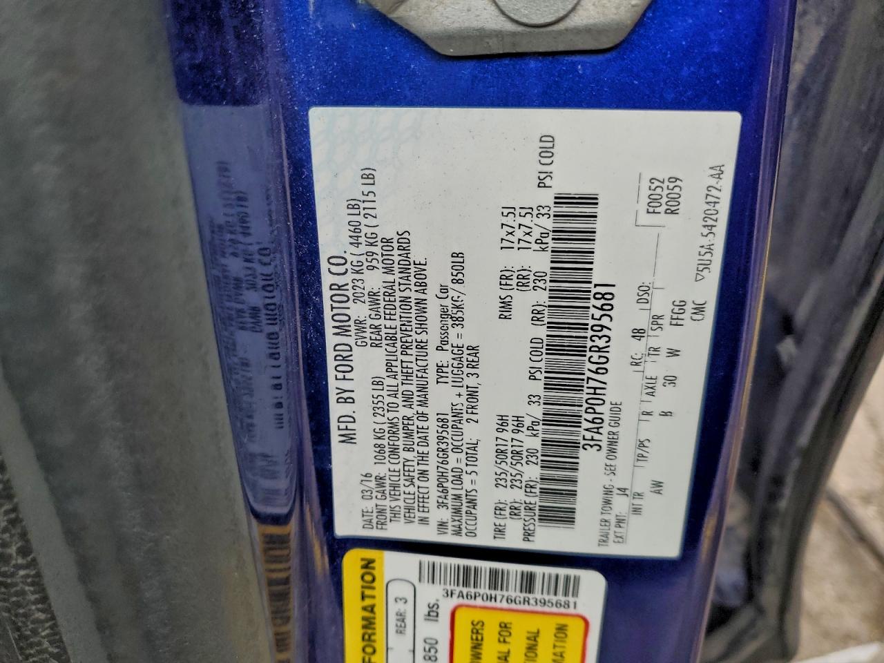 2016 Ford Fusion Se VIN: 3FA6P0H76GR395681 Lot: 93934075