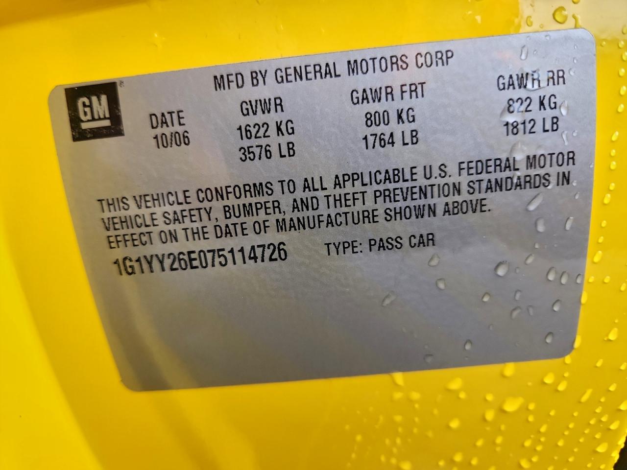 2007 Chevrolet Corvette Z06 VIN: 1G1YY26E075114726 Lot: 93491695