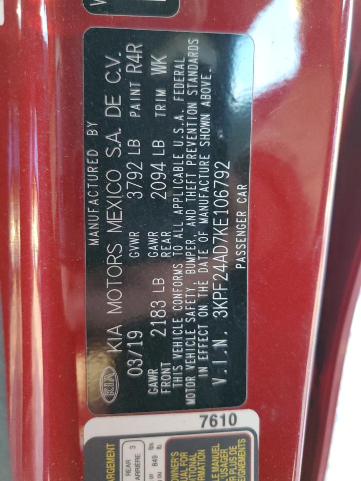 2019 Kia Forte Fe VIN: 3KPF24AD7KE106792 Lot: 92256205