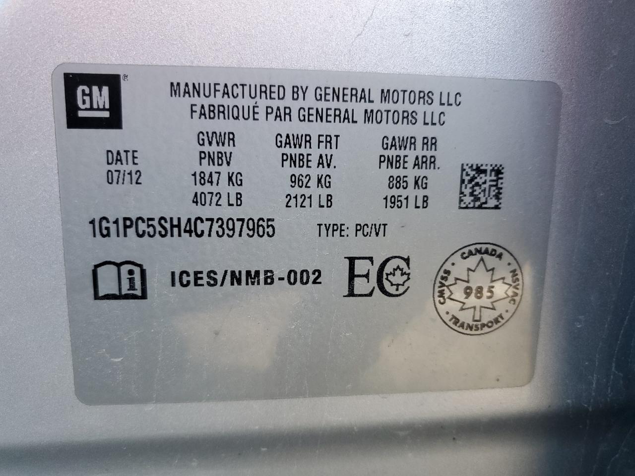 2012 Chevrolet Cruze Ls VIN: 1G1PC5SH4C7397965 Lot: 93538785