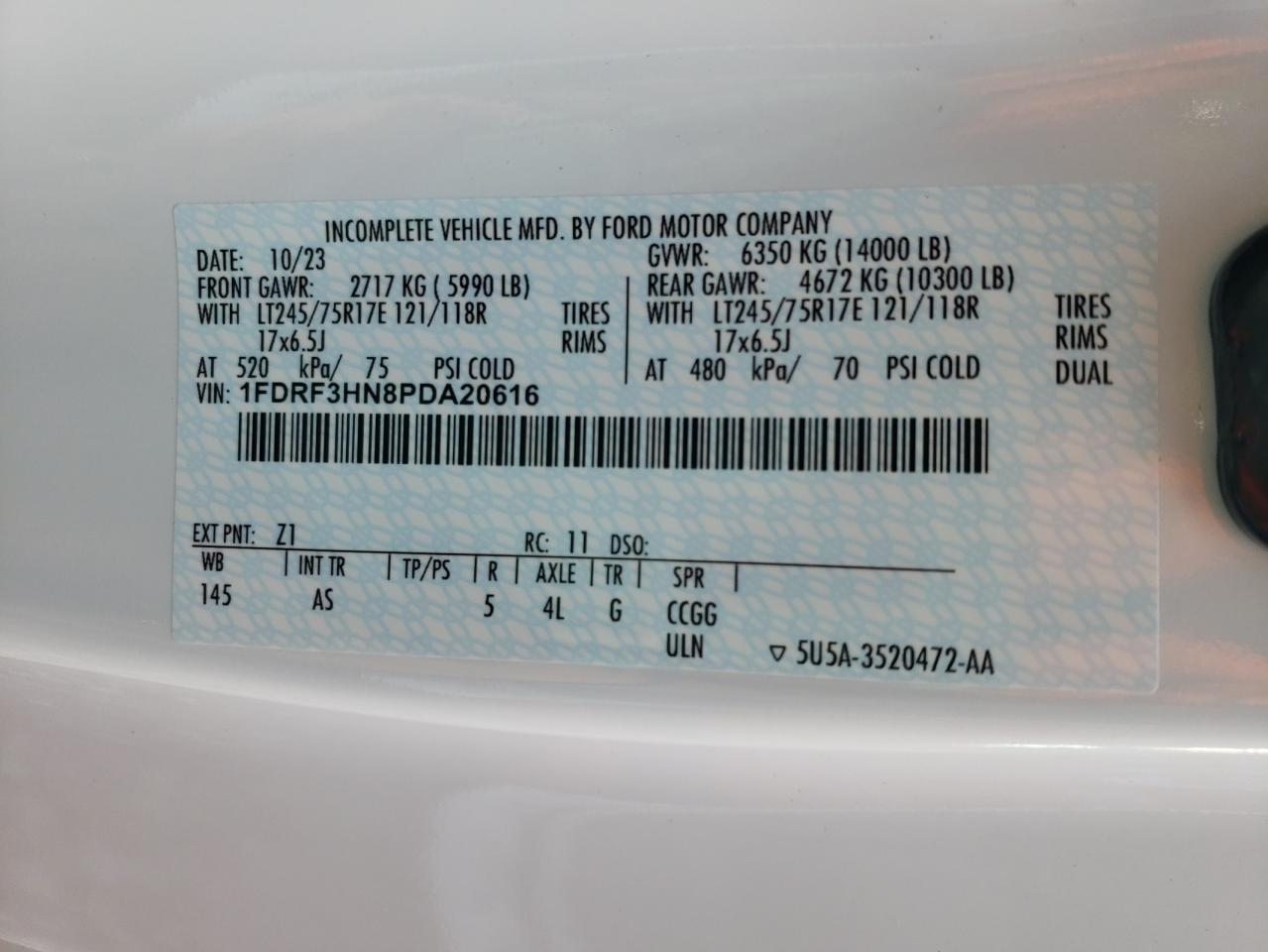 2023 Ford F350 Super Duty Truck Cab And Chassis VIN: 1FDRF3HN8PDA20616 Lot: 90080025