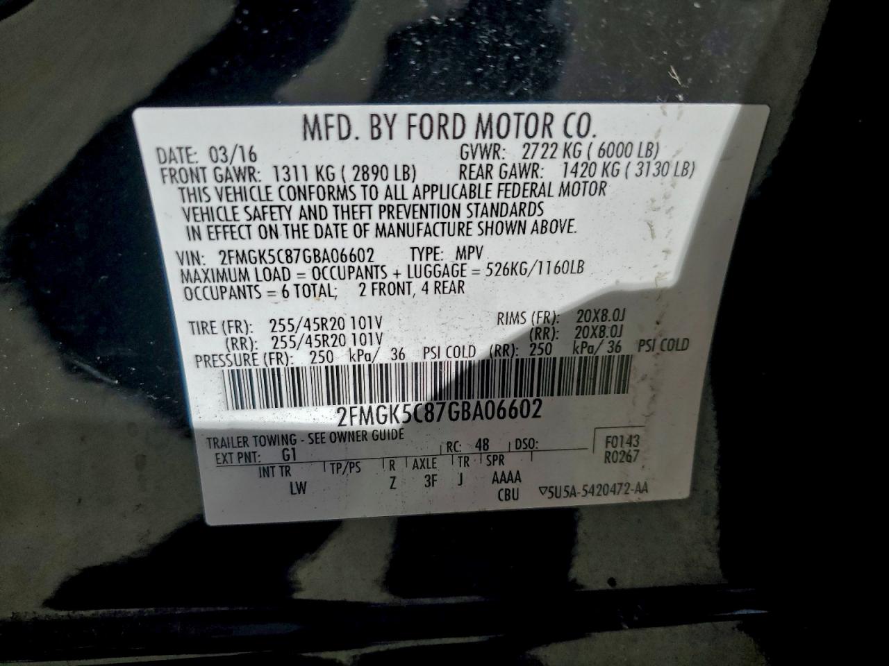 2016 Ford Flex Sel VIN: 2FMGK5C87GBA06602 Lot: 93782835