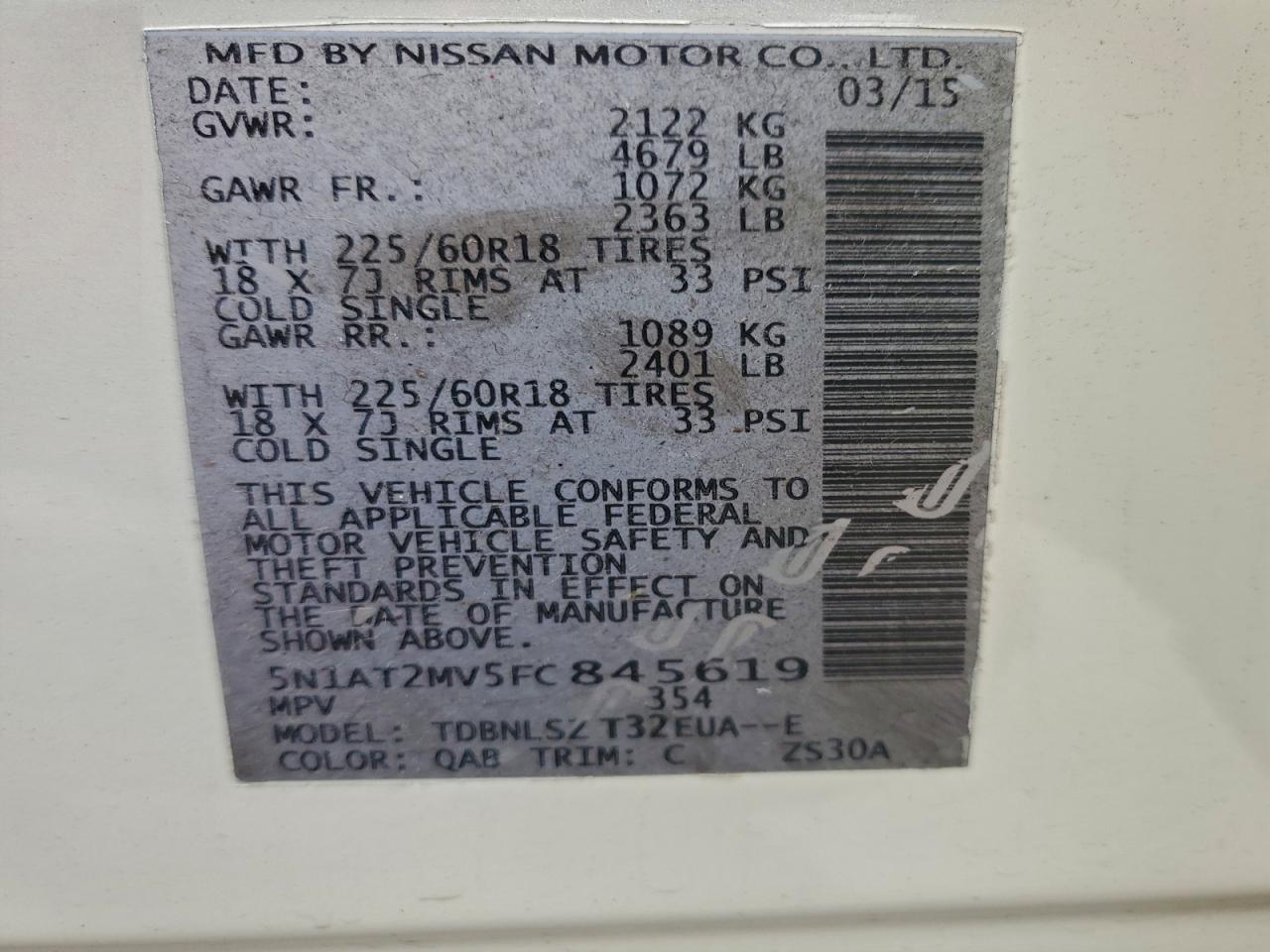 2015 Nissan Rogue S VIN: 5N1AT2MV5FC845619 Lot: 94248515