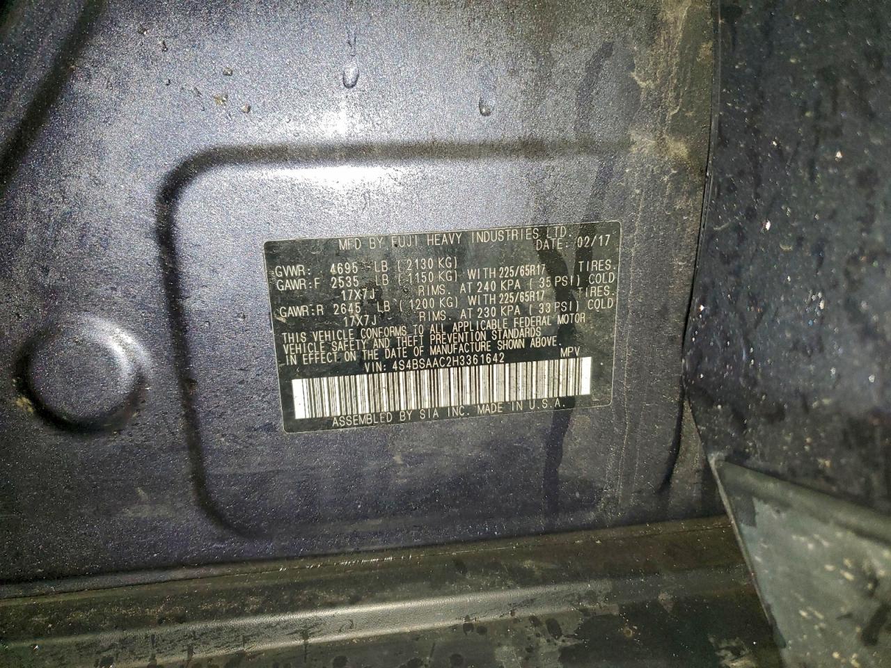 2017 Subaru Outback 2.5I VIN: 4S4BSAAC2H3361642 Lot: 94175615