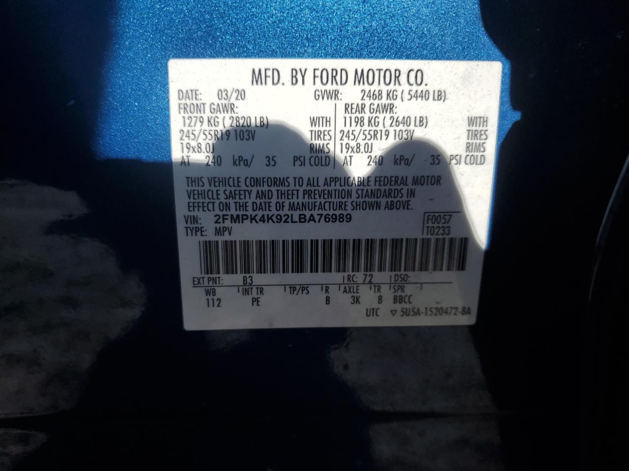 2020 Ford Edge Titanium VIN: 2FMPK4K92LBA76989 Lot: 92686655