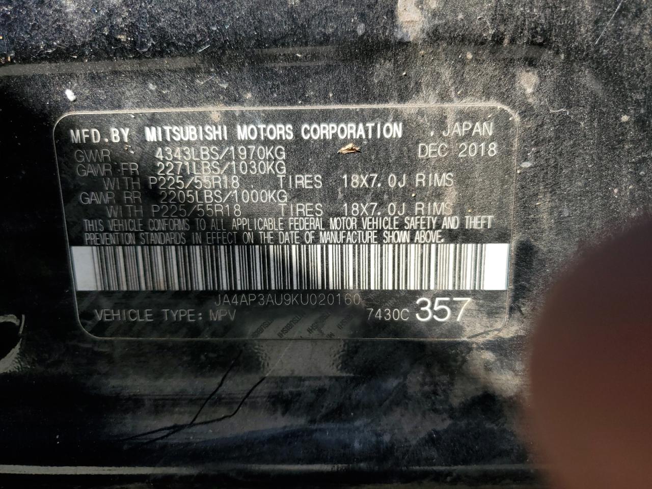 2019 Mitsubishi Outlander Sport Es VIN: JA4AP3AU9KU020160 Lot: 91105945