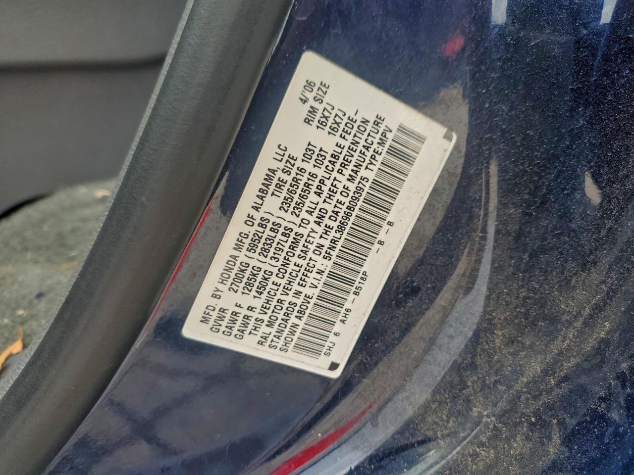 2006 Honda Odyssey Exl VIN: 5FNRL38696B093975 Lot: 93944885