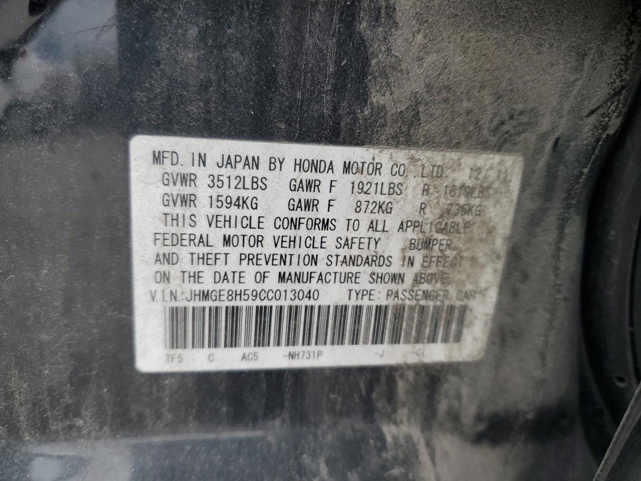 2012 Honda Fit Sport VIN: JHMGE8H59CC013040 Lot: 92510105