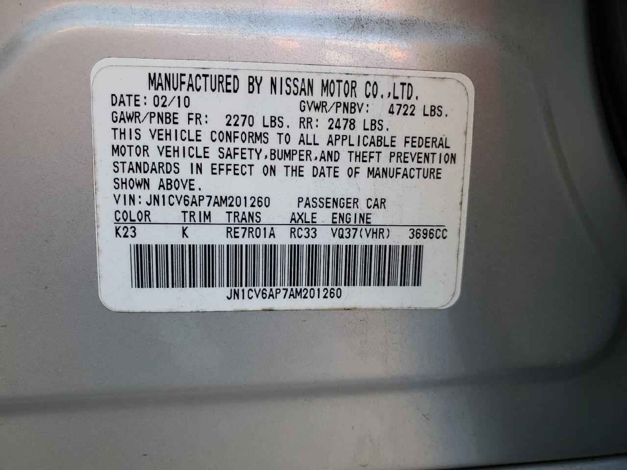 2010 Infiniti G37 Base VIN: JN1CV6AP7AM201260 Lot: 92809565