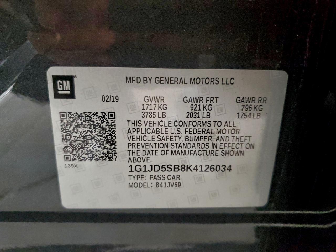 2019 Chevrolet Sonic Lt VIN: 1G1JD5SB8K4126034 Lot: 94426135