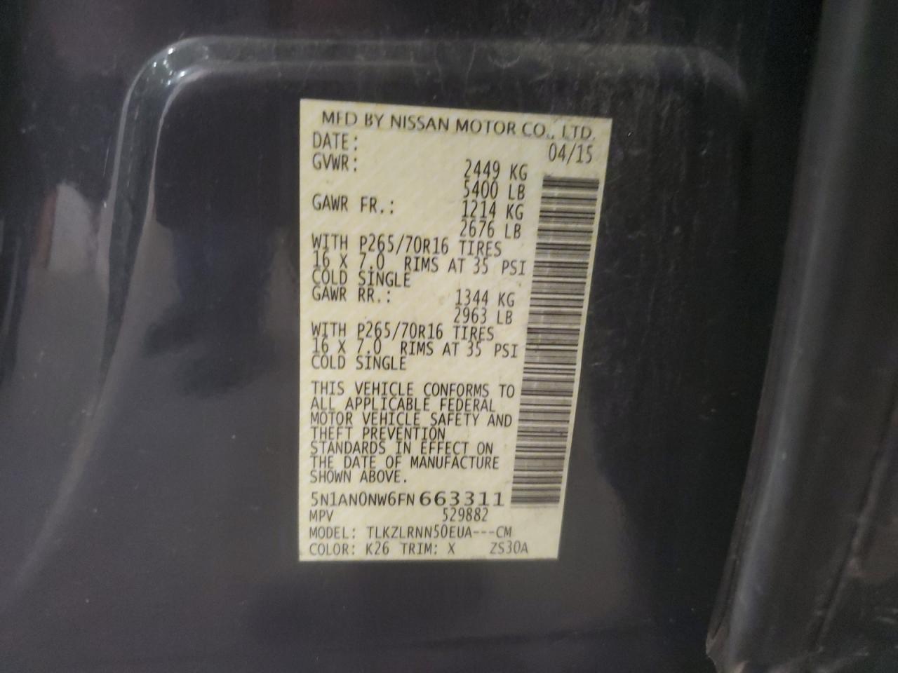 2015 Nissan Xterra X VIN: 5N1AN0NW6FN663311 Lot: 91378275