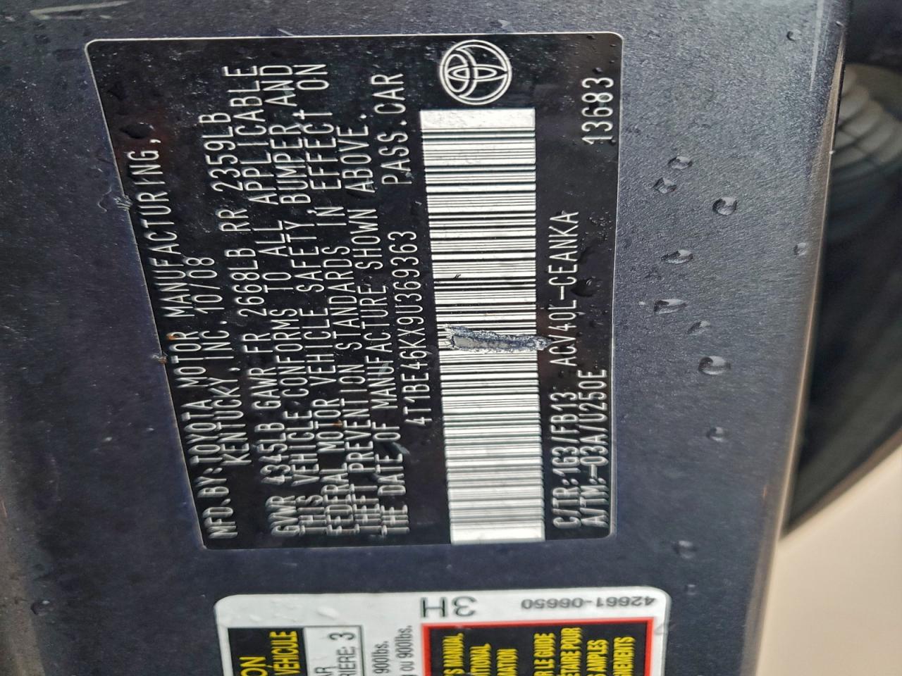 2009 Toyota Camry Base VIN: 4T1BE46KX9U369363 Lot: 94213565