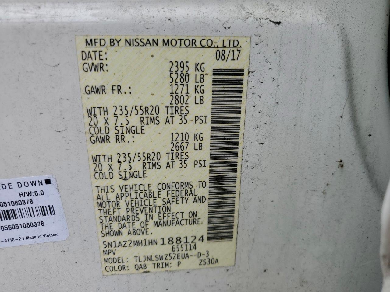 2017 Nissan Murano S VIN: 5N1AZ2MH1HN188124 Lot: 93395785