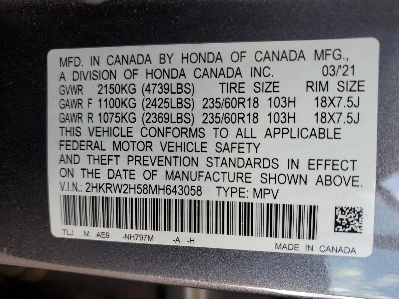 2021 Honda Cr-V Ex VIN: 2HKRW2H58MH643058 Lot: 94003085