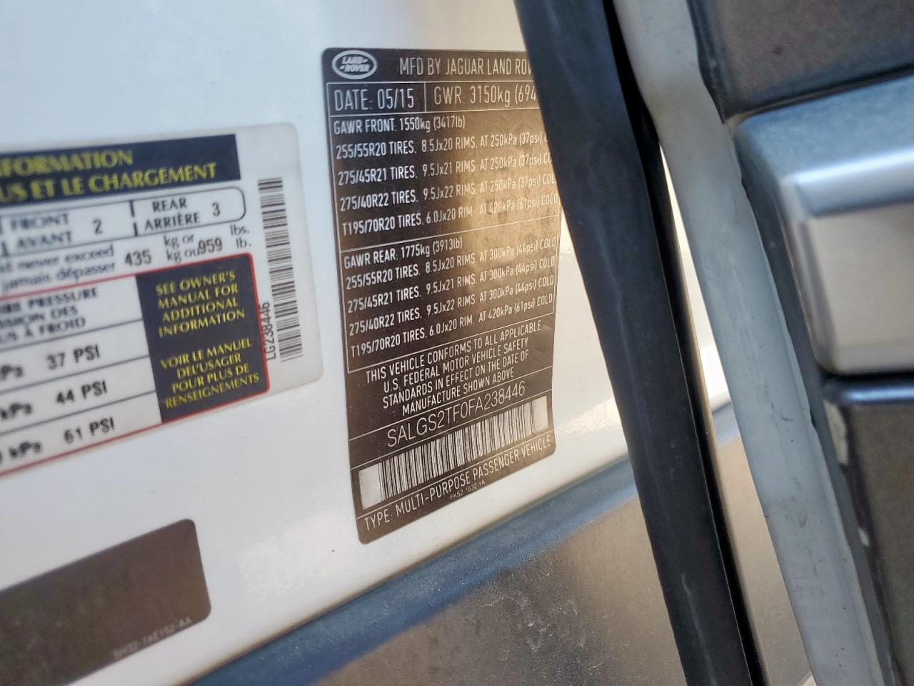 2015 Land Rover Range Rover Supercharged VIN: SALGS2TF0FA238446 Lot: 92247885