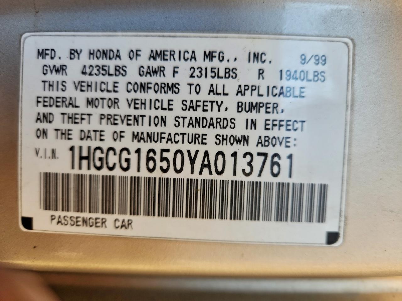 2000 Honda Accord Ex VIN: 1HGCG1650YA013761 Lot: 94066615