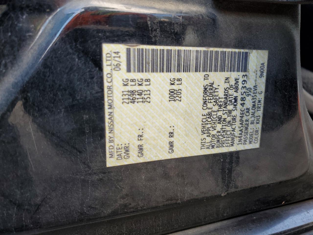 2014 Nissan Maxima S VIN: 1N4AA5AP4EC485393 Lot: 91185485