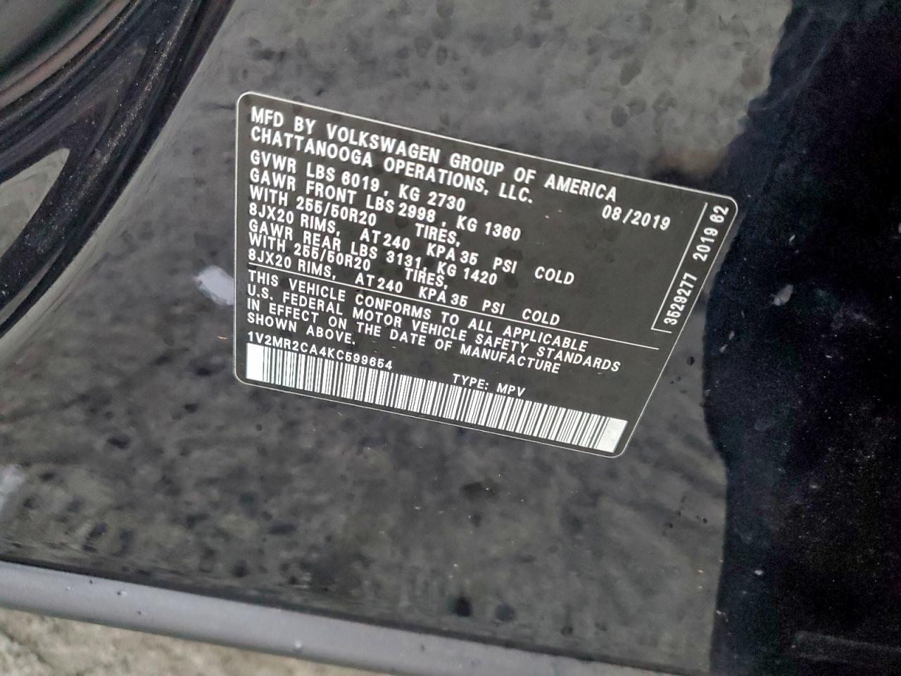 2019 Volkswagen Atlas Sel VIN: 1V2MR2CA4KC599654 Lot: 93354325