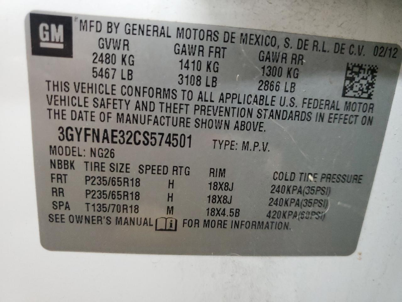 2012 Cadillac Srx Luxury Collection VIN: 3GYFNAE32CS574501 Lot: 92513865