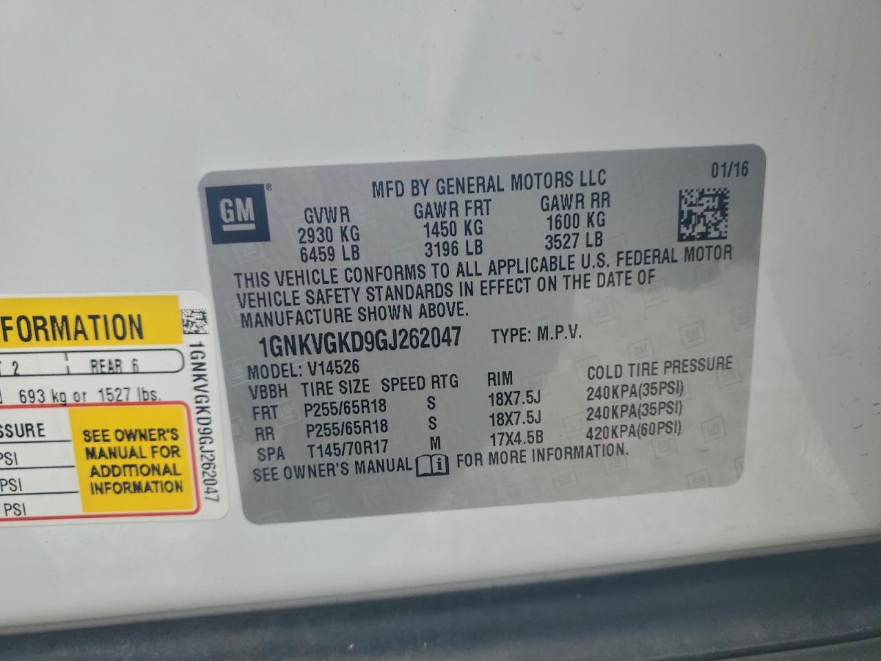 2016 Chevrolet Traverse Lt VIN: 1GNKVGKD9GJ262047 Lot: 94475495
