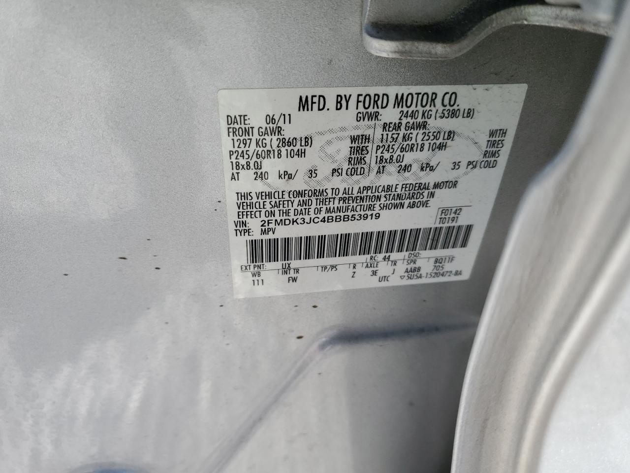 2011 Ford Edge Sel VIN: 2FMDK3JC4BBB53919 Lot: 92789605