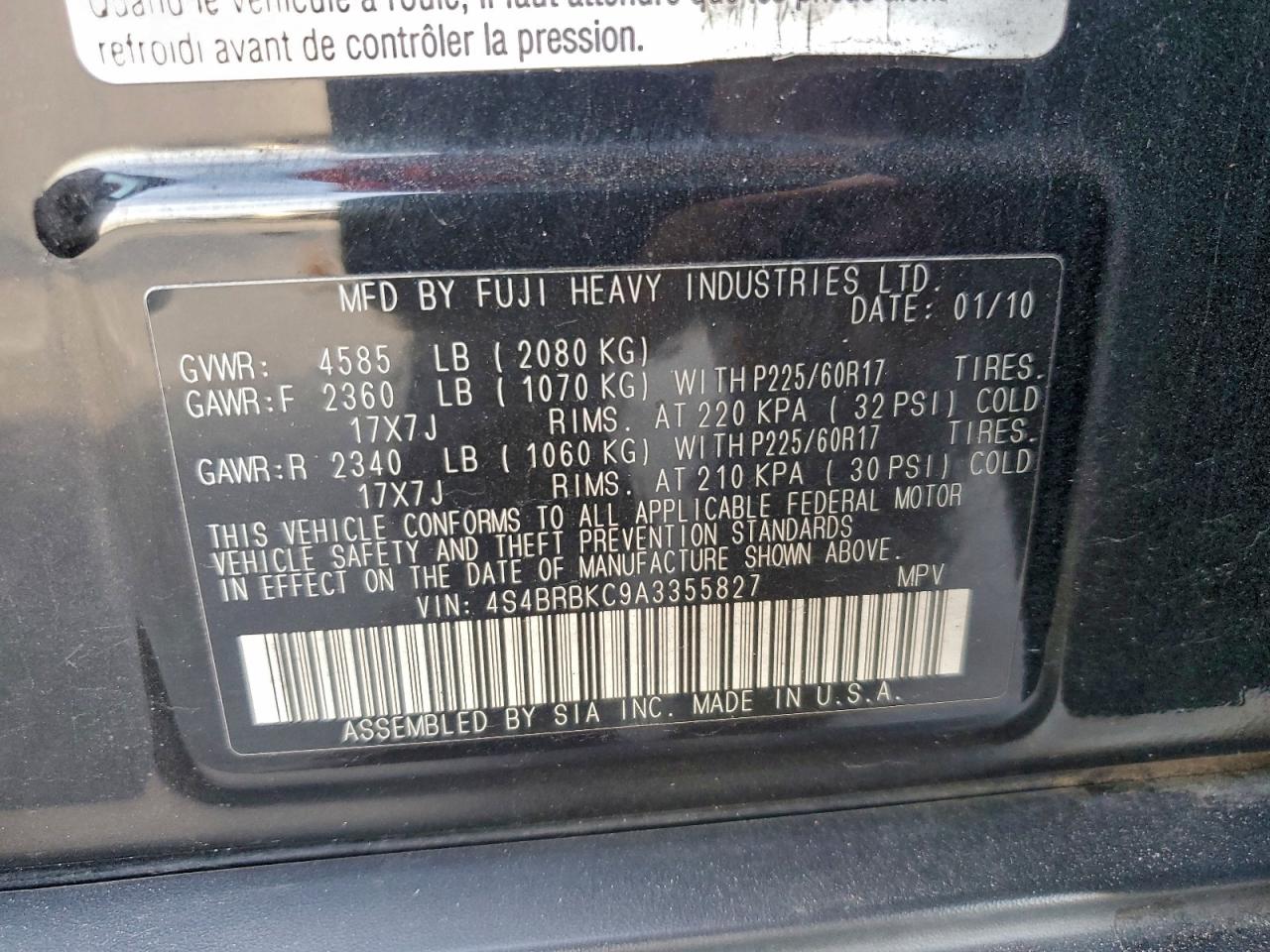 2010 Subaru Outback 2.5I Limited VIN: 4S4BRBKC9A3355827 Lot: 94405875