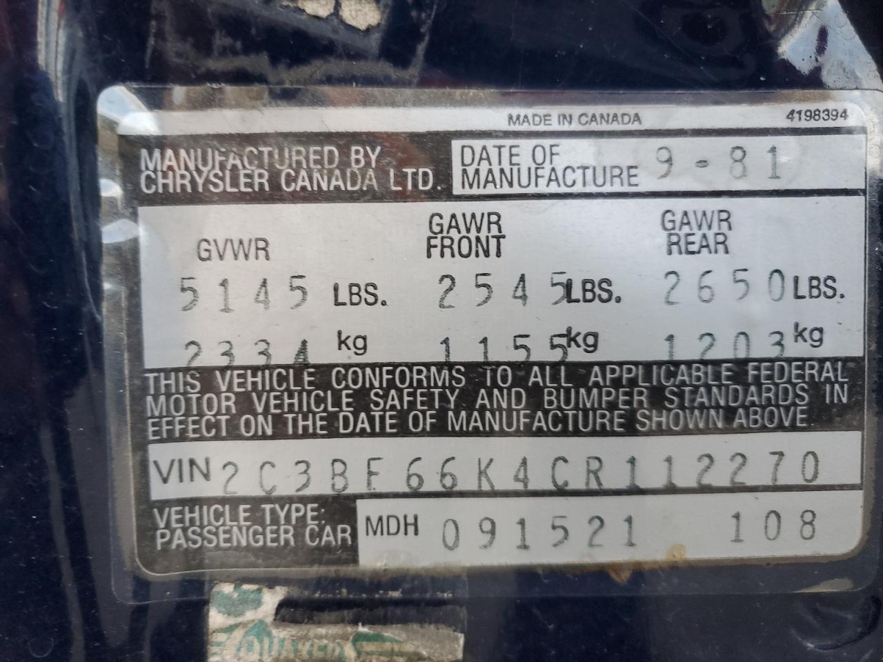 1980 Chrysler New Yorker VIN: 2C3BF66K4CR112270 Lot: 93372525