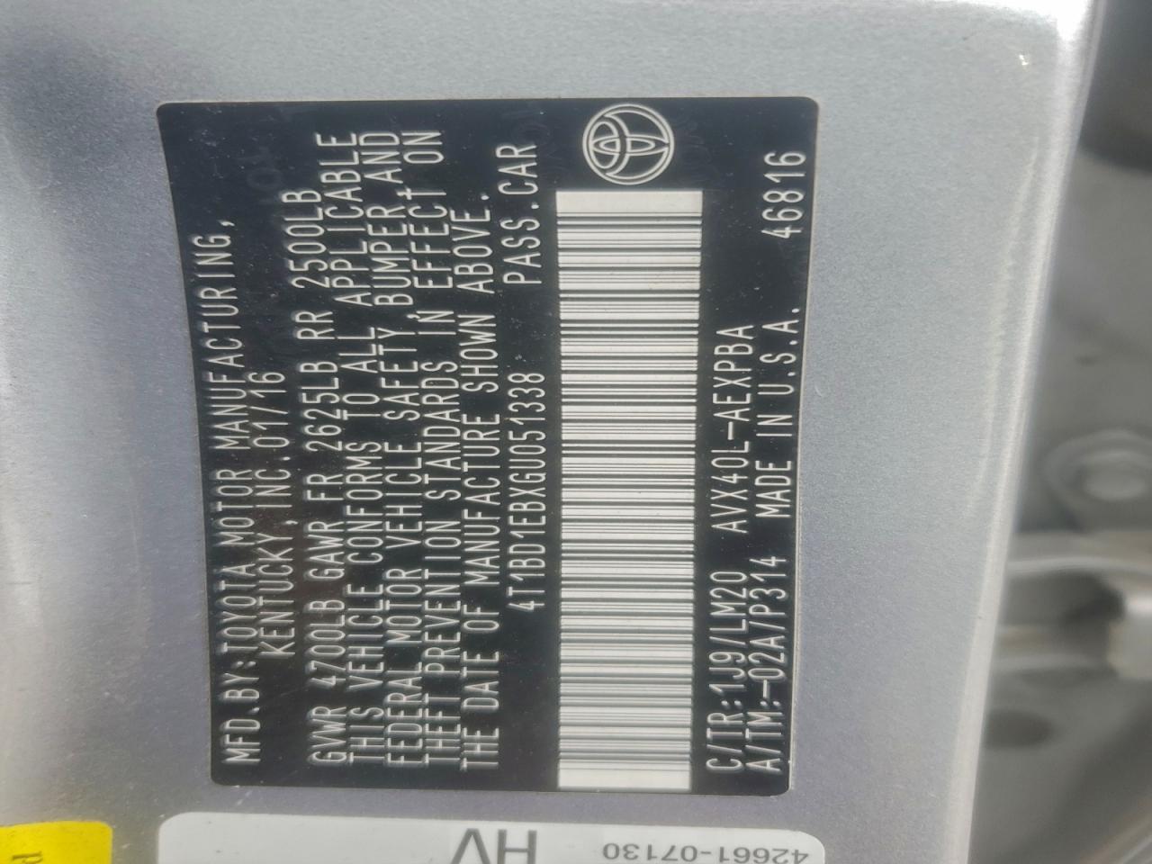 2016 Toyota Avalon Hybrid VIN: 4T1BD1EBXGU051338 Lot: 94101955