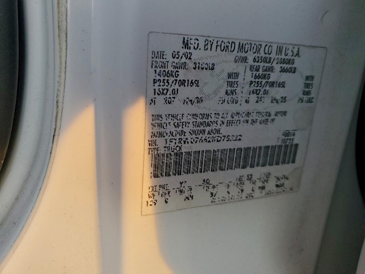 2002 Ford F150 Supercrew VIN: 1FTRW07662KD75222 Lot: 94132655