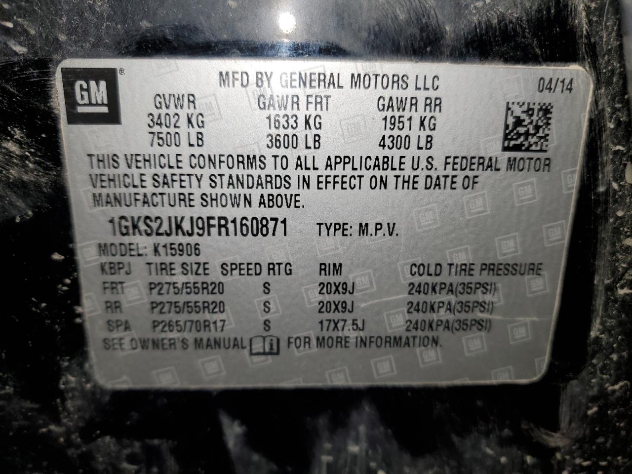2015 GMC Yukon Xl Denali VIN: 1GKS2JKJ9FR160871 Lot: 92326635