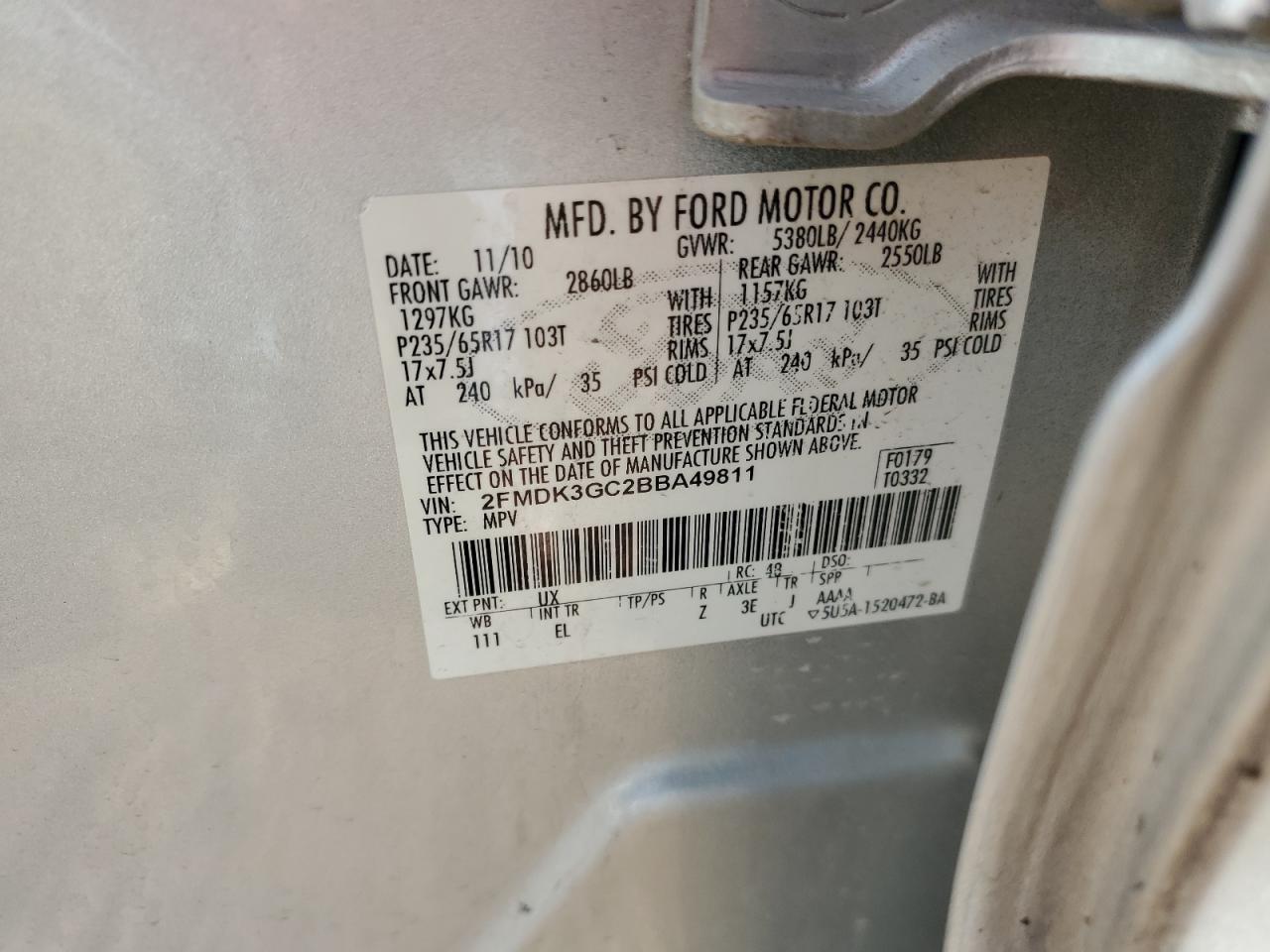 2011 Ford Edge Se VIN: 2FMDK3GC2BBA49811 Lot: 93228055