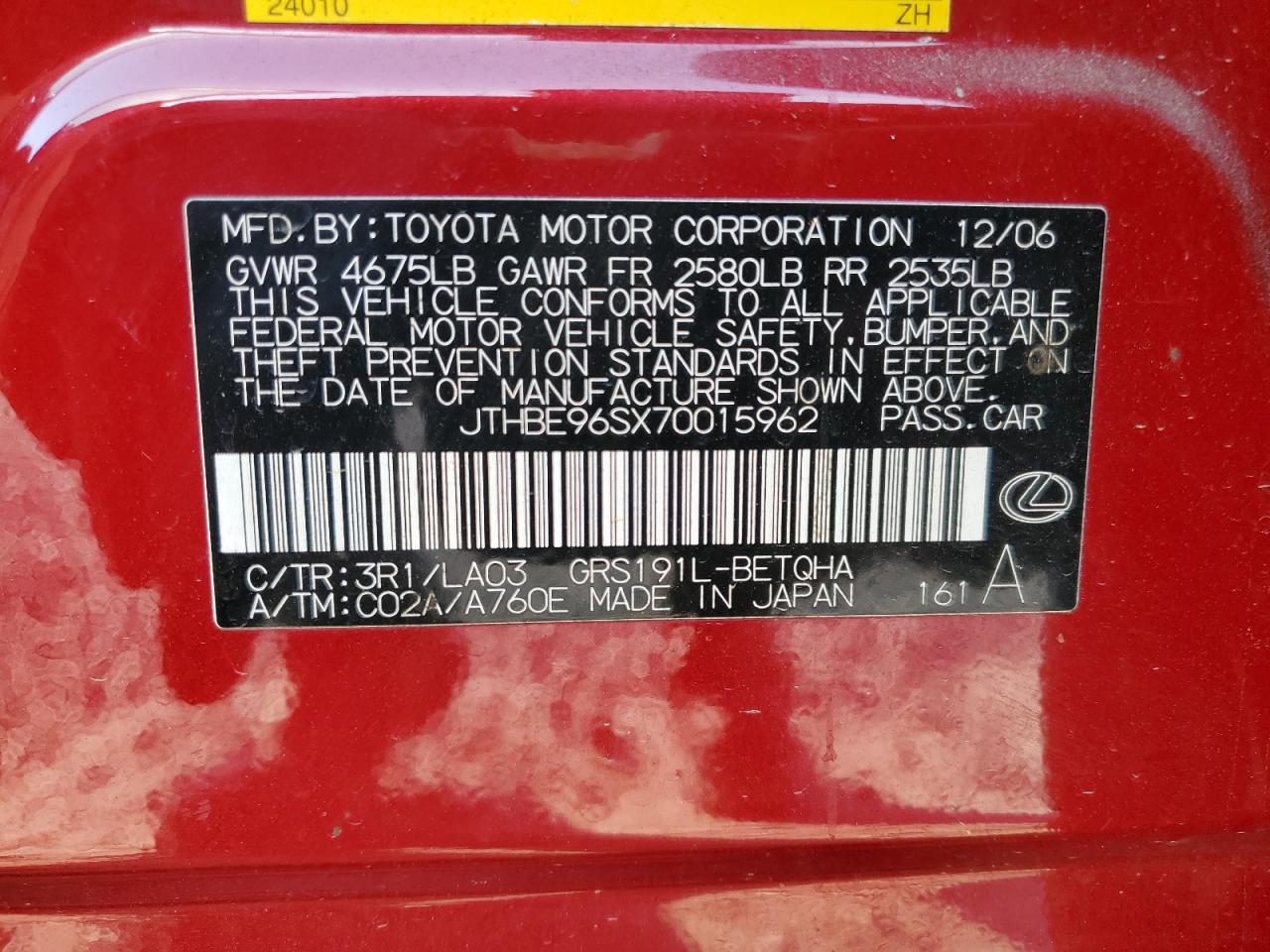 2007 Lexus Gs 350 VIN: JTHBE96SX70015962 Lot: 91639595